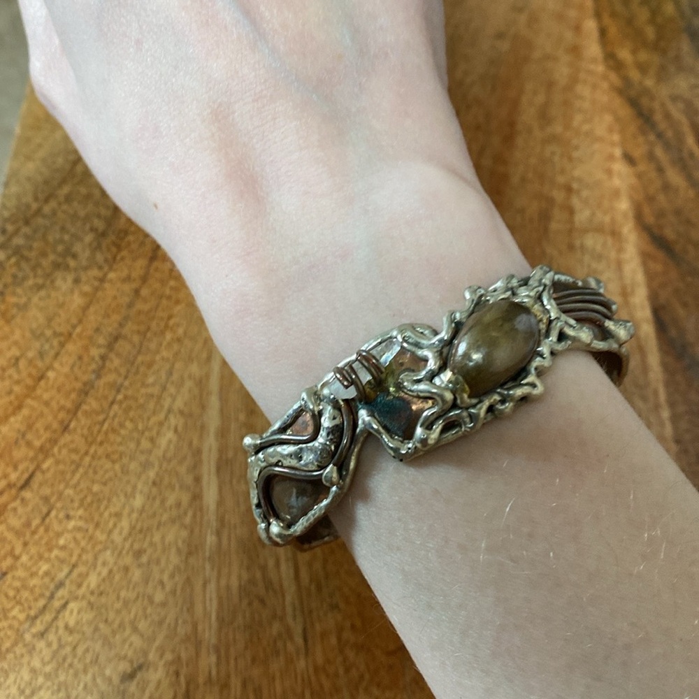 🖤 VTG Brutalist Mexico Bangle Cuff Bracelet Silver & Copper Clear Quartz Cuff